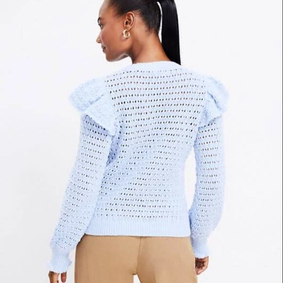 New LOFT size XL Light Blue Open Knit Ruffle Detail Elegant Preppy Sweater - Picture 10 of 10